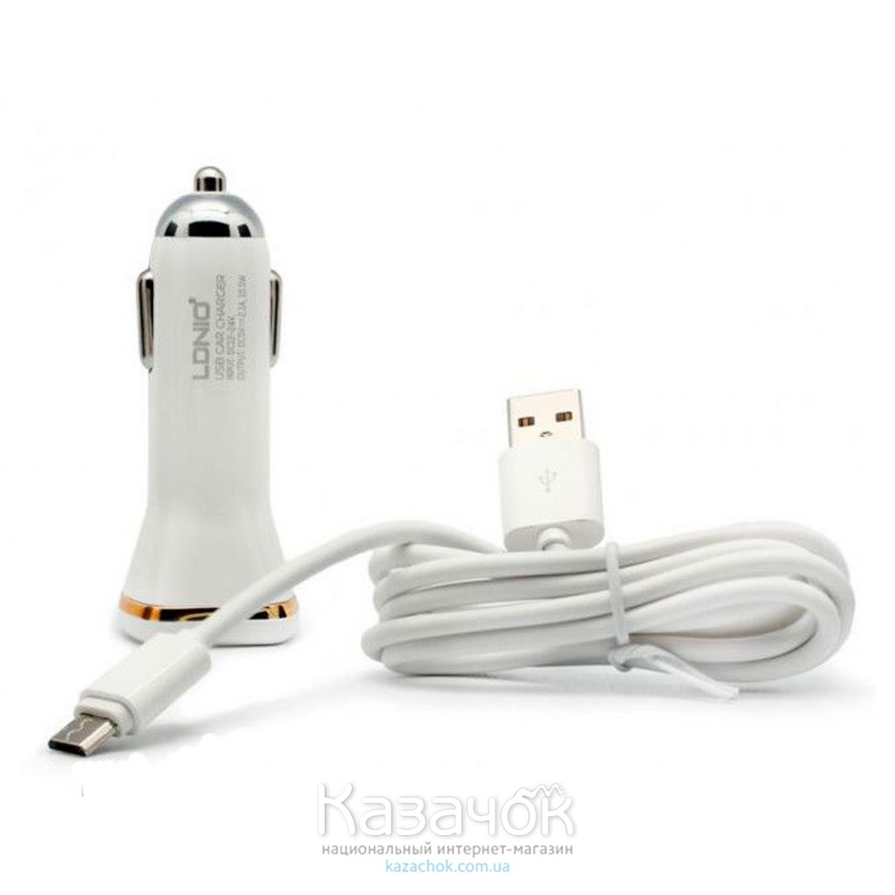 Автомобильное зарядное устройство LDNIO DL-219 USB + cable Micro USB (2,1 A) White
